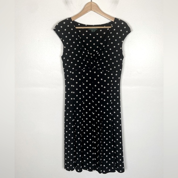 Lauren Ralph Lauren Faux Wrap Polka Dot Midi Dress Size 10 Fit & Flare Stretch - Picture 1 of 11